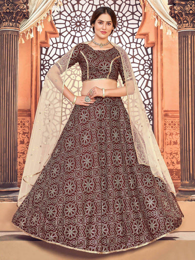 Maroon Metallic Foil Printed Taffeta Silk Festive Lehenga Choli